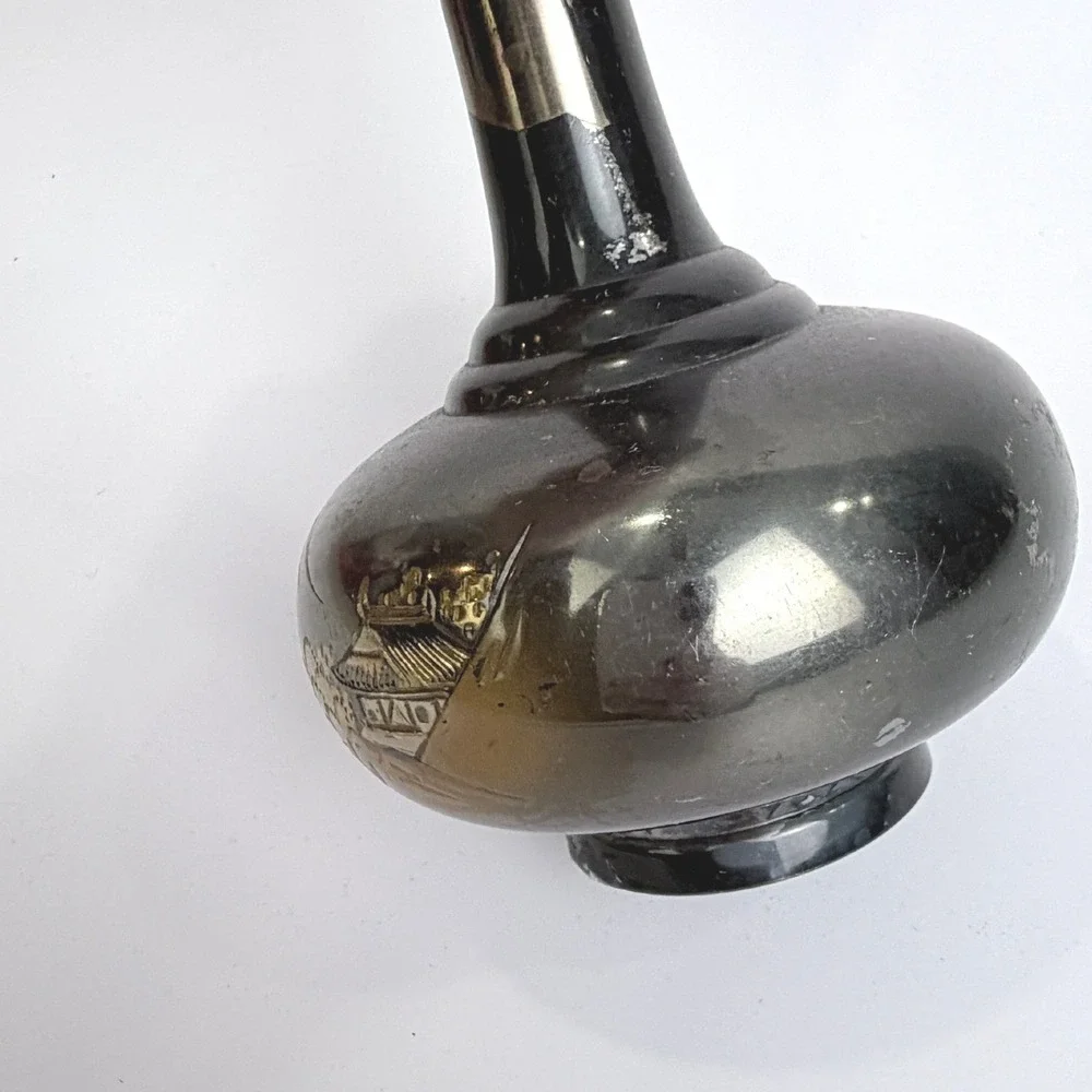 Vintage Japanese Amita Damascene Bud Vase Black Gold Silver Pagoda Mt Fuji 6.25